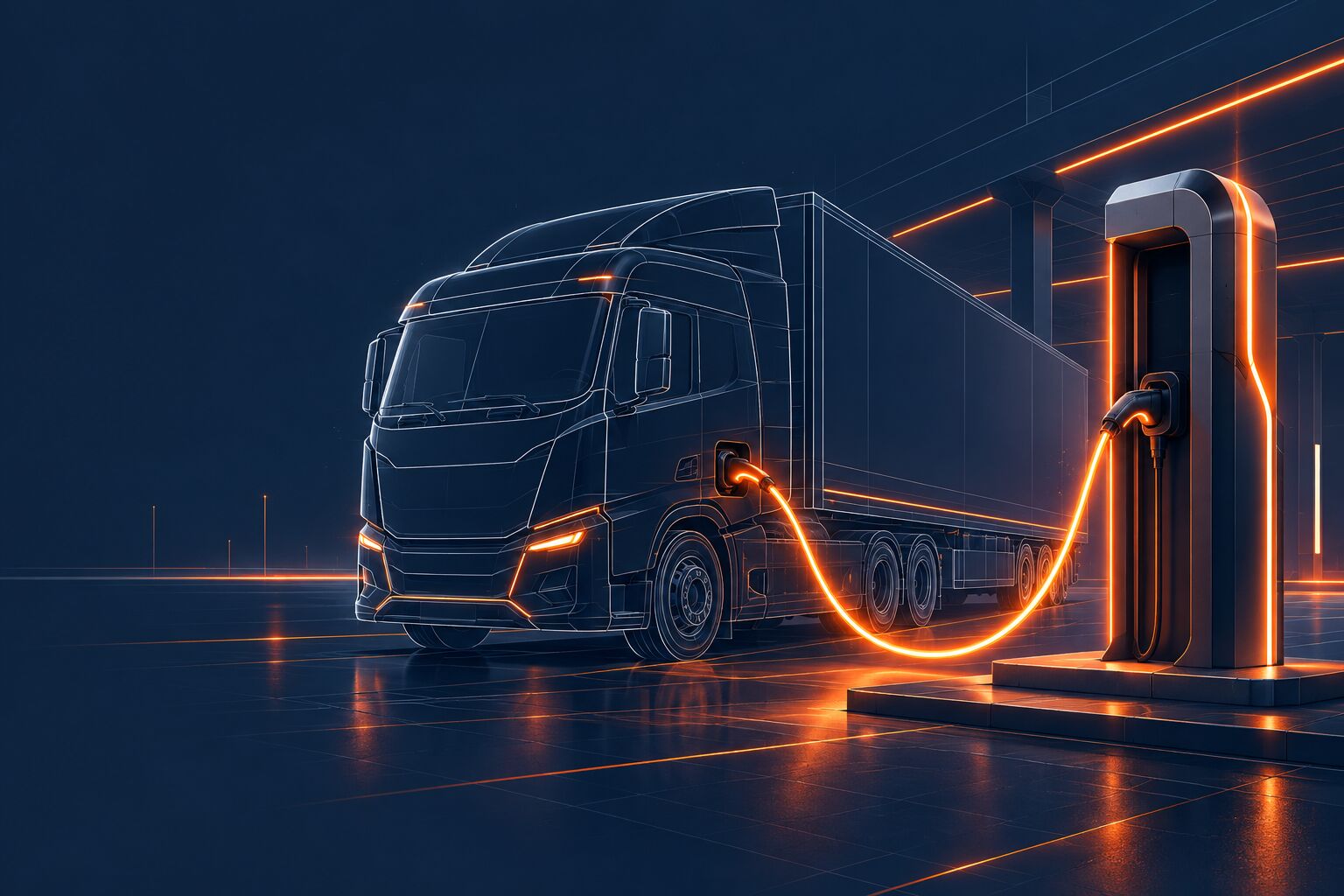Caminhão elétrico conectado a um carregador iluminado em um hub de recarga